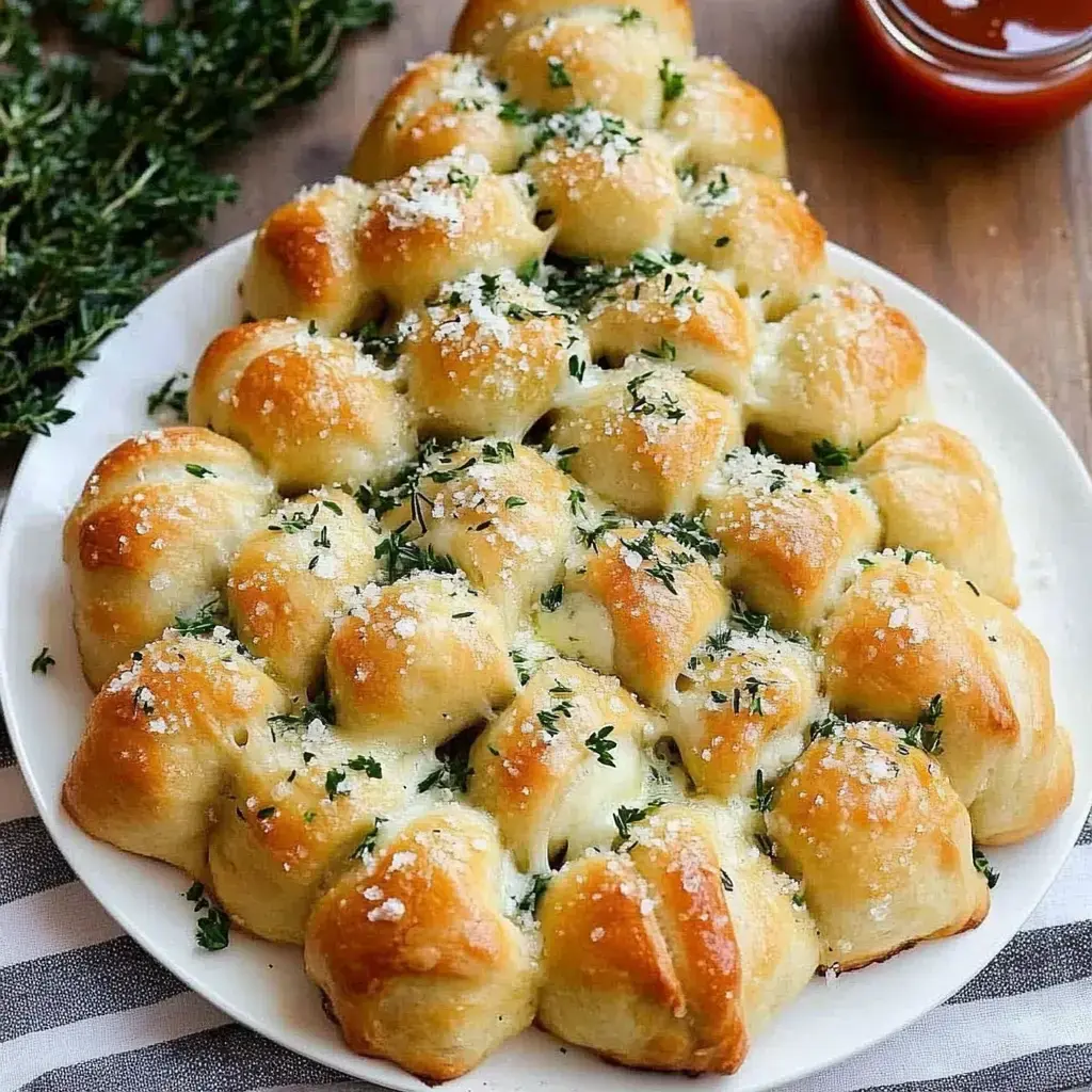 A plate of golden, fluffy pull-apart bread shaped like a Christmas tree, topped with herbs and sprinkled with cheese.