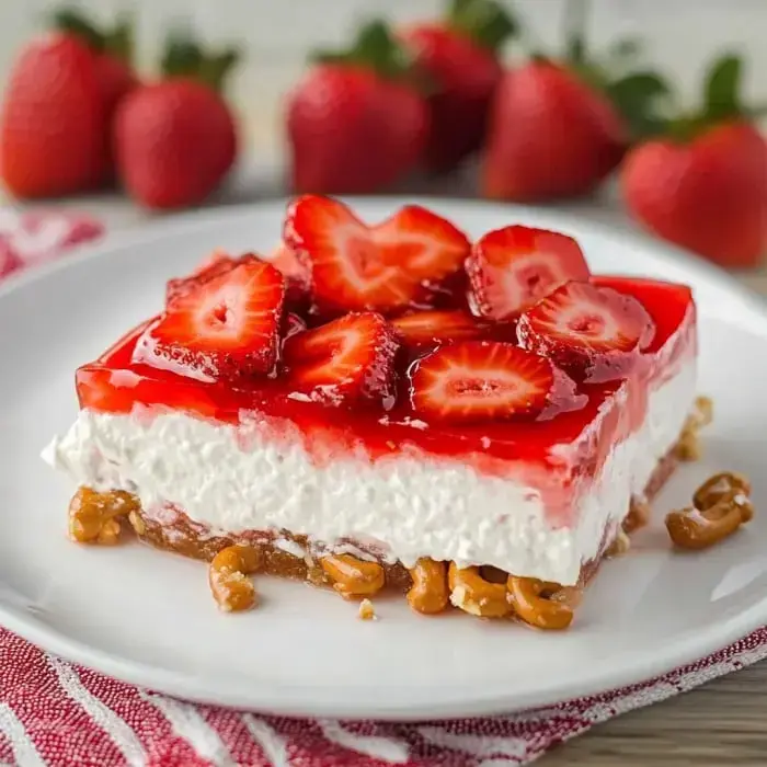 A slice of dessert featuring a layer of cream, topped with strawberry slices and red jelly, resting on a base of crushed pretzels, with fresh strawberries in the background.