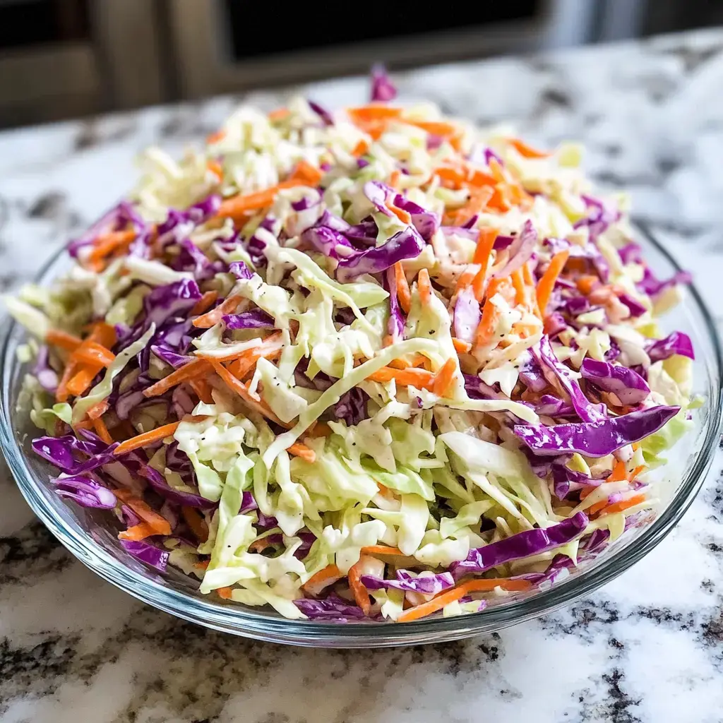 A colorful salad of shredded green and purple cabbage mixed with carrots in a clear glass bowl.