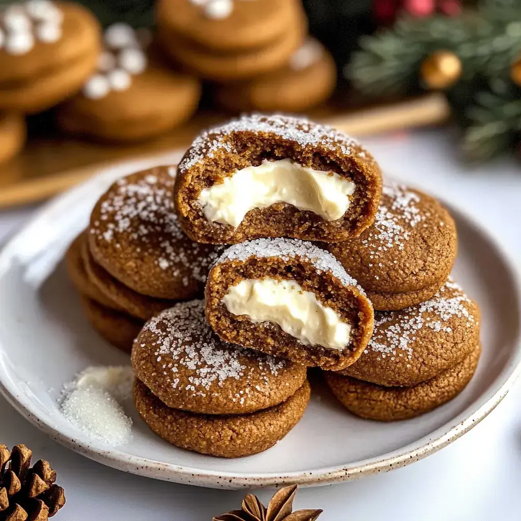 A plate of ginger cookies dusted with sugar, with one cookie split in half to reveal a creamy filling.