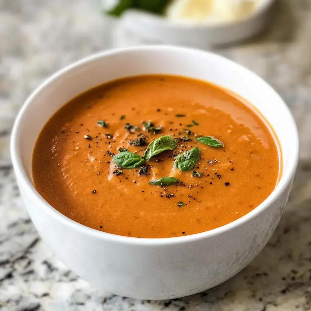 A bowl of creamy tomato soup topped with fresh basil and black pepper.