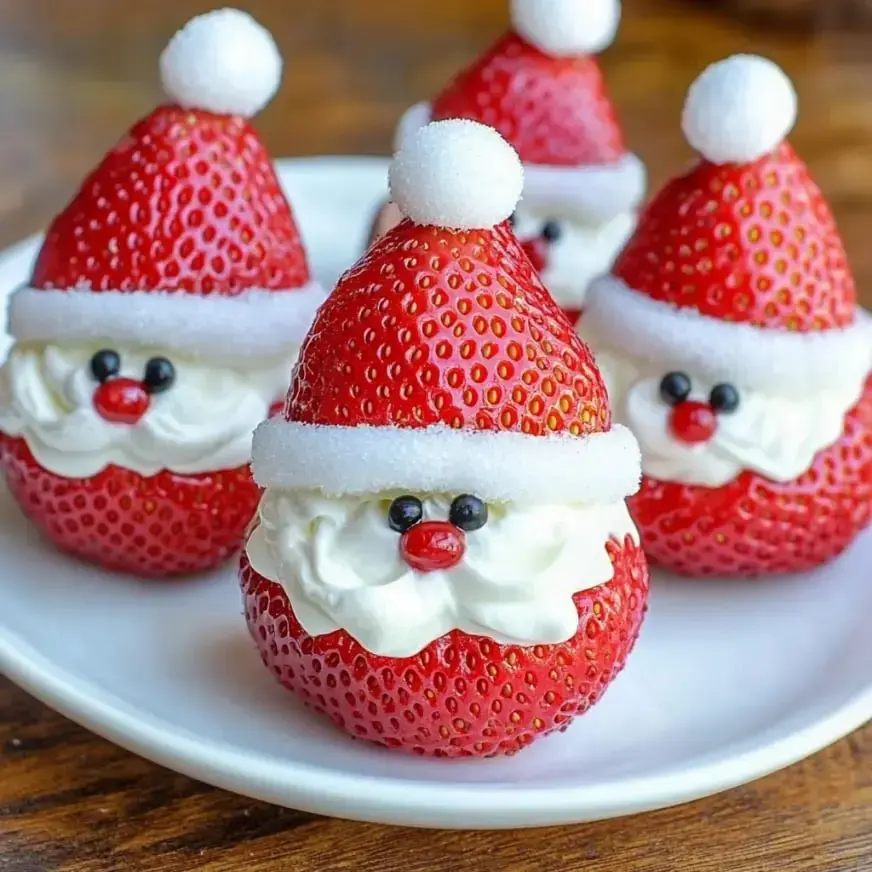 A plate of strawberries decorated to look like Santa Claus, complete with whipped cream faces, chocolate eyes, and sugar hats.