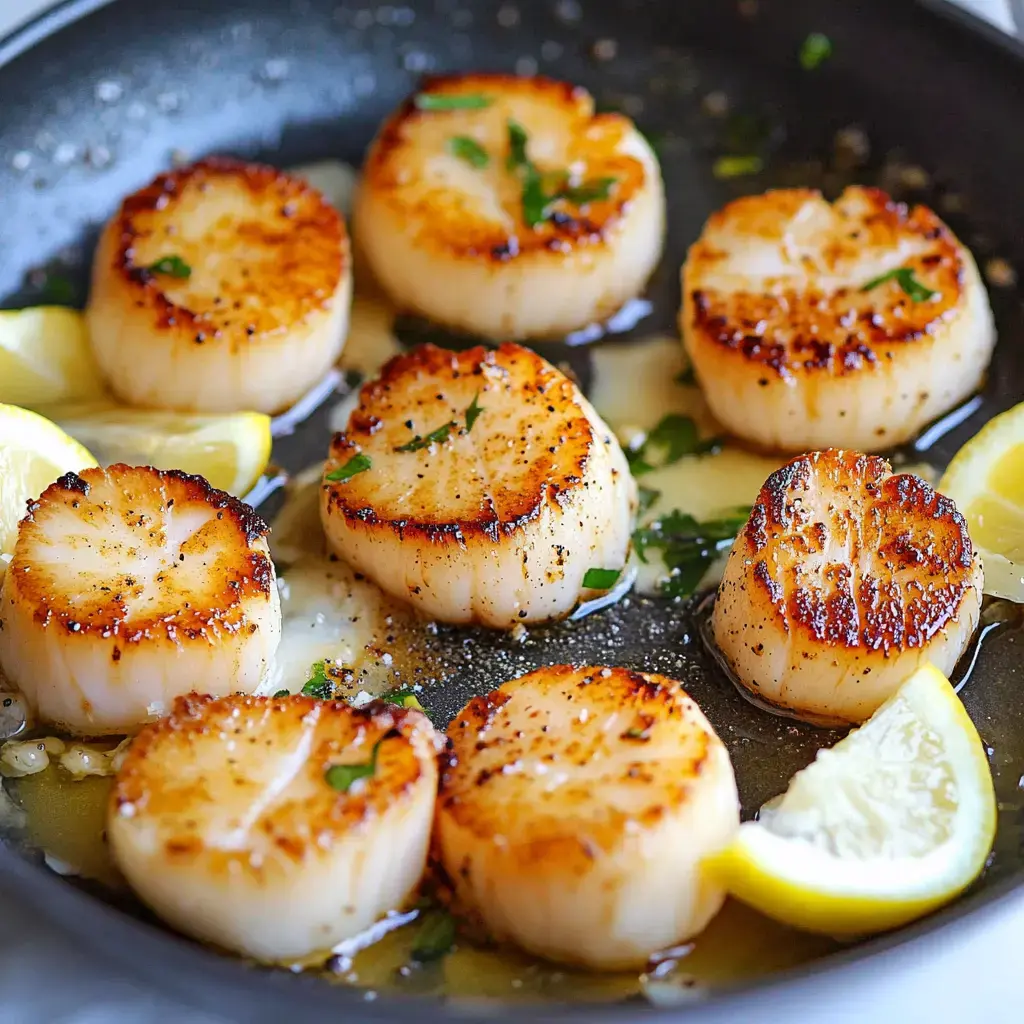 A skillet filled with seared scallops garnished with herbs and accompanied by lemon wedges.