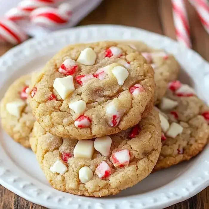 A plate of festive cookies featuring white chocolate and bits of red and white peppermint.