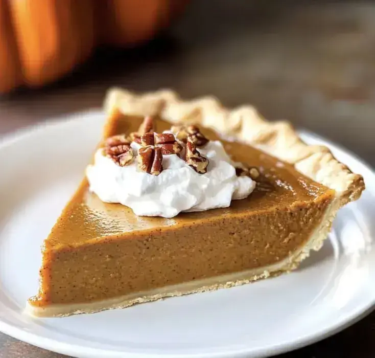 A slice of pumpkin pie topped with whipped cream and chopped pecans on a white plate.