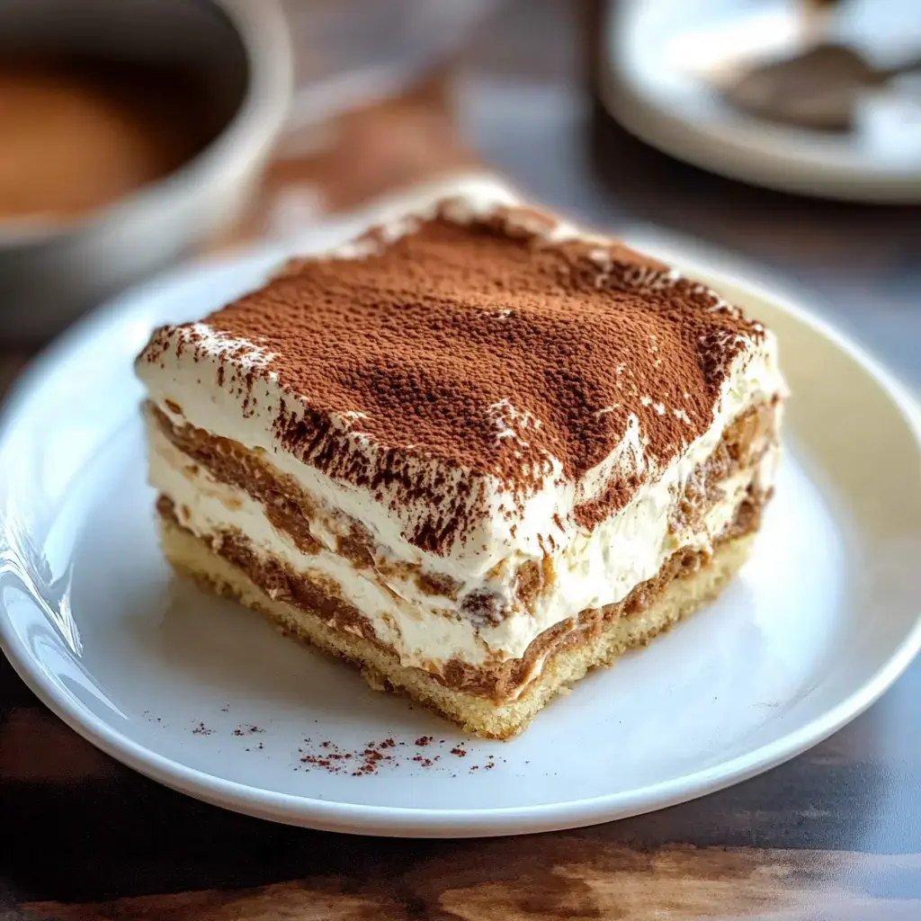 A piece of tiramisu, layered with coffee-soaked ladyfingers and creamy mascarpone, sits on a white plate dusted with cocoa powder.