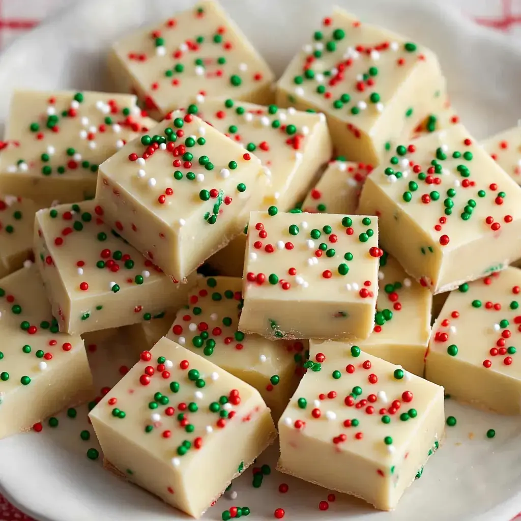 A plate filled with small, square pieces of white fudge decorated with red, green, and white sprinkles.