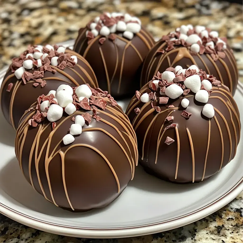 A plate of five elegantly decorated chocolate balls topped with mini marshmallows and pink chocolate shavings.