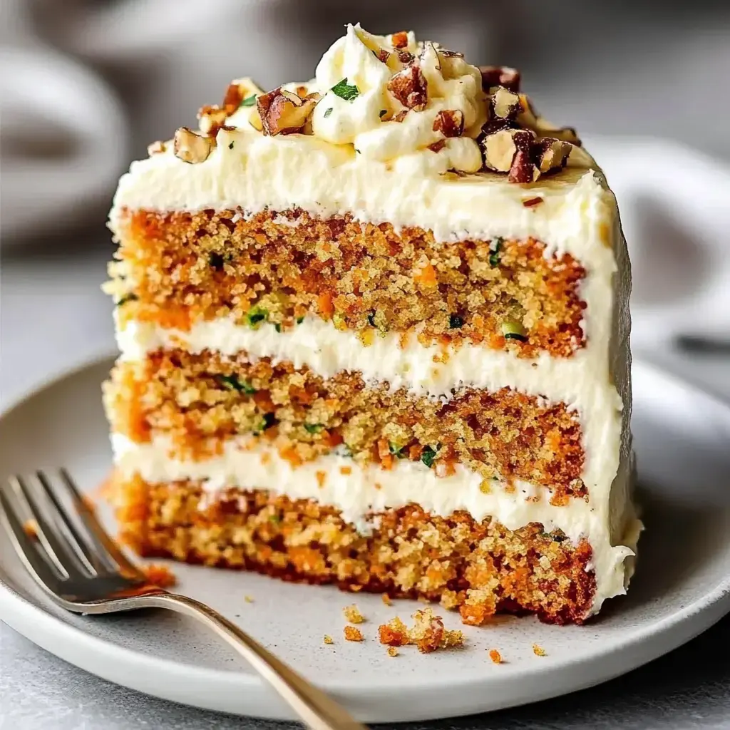 A slice of layered cake with visible carrot and cream cheese frosting, topped with chopped nuts, served on a plate with a fork.