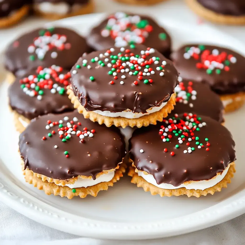 A plate of chocolate-dipped cookies with festive red, green, and white sprinkles on top.