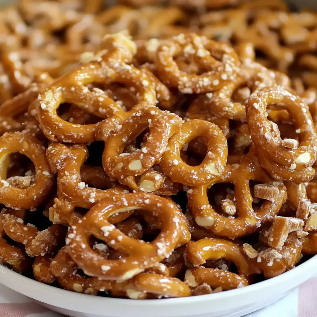 A close-up view of a bowl filled with crunchy, caramel-coated pretzels sprinkled with coarse sugar.