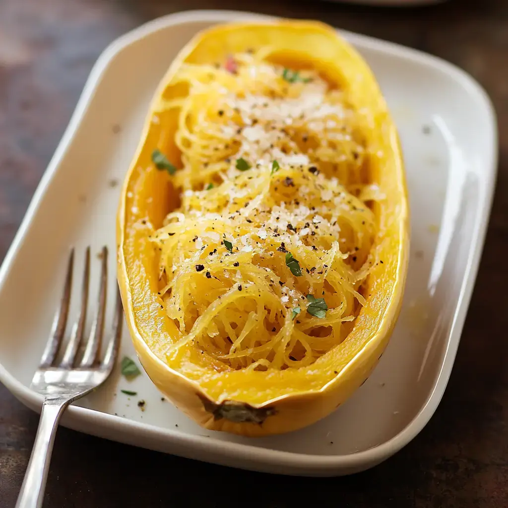 A halved spaghetti squash filled with cooked strands, topped with herbs, salt, and pepper, served on a white plate alongside a fork.