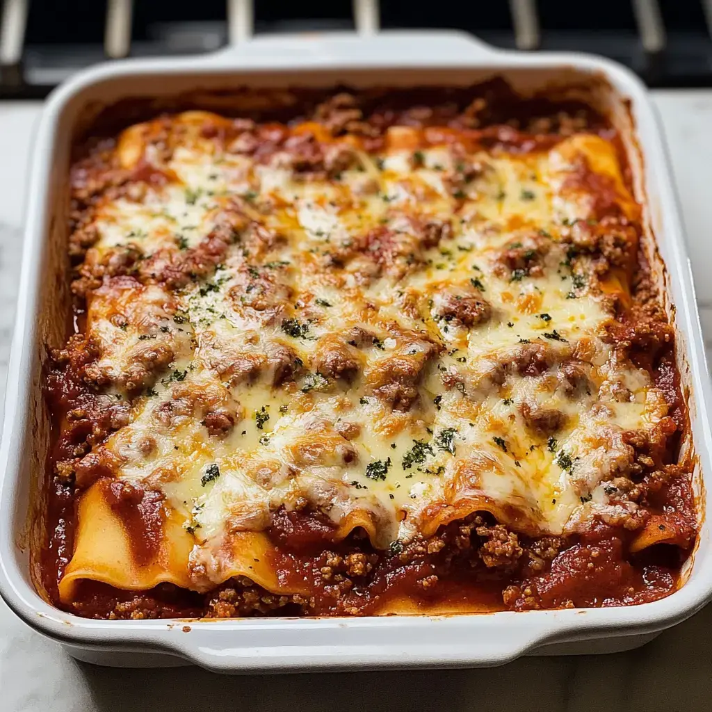 A baked dish of lasagna with layers of pasta, meat sauce, and melted cheese, garnished with parsley.