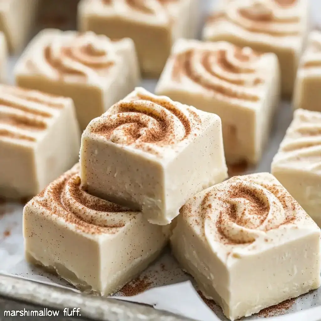 A close-up of creamy, square-shaped fudge topped with a decorative swirl of cinnamon.