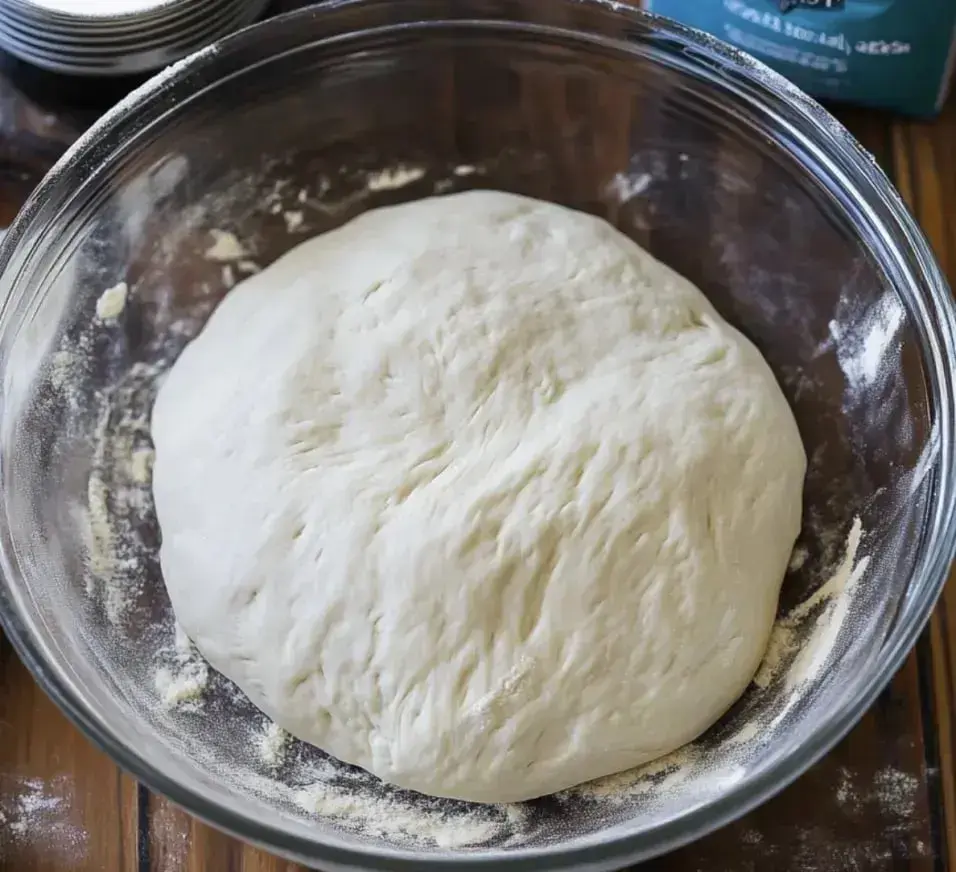 A smooth ball of dough rests in a glass bowl surrounded by flour.