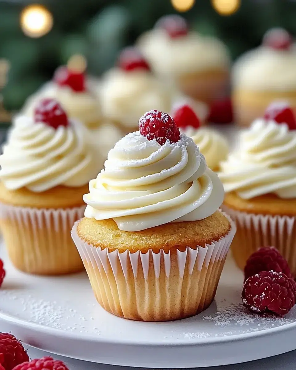 A plate of vanilla cupcakes topped with swirls of white frosting and garnished with fresh raspberries.