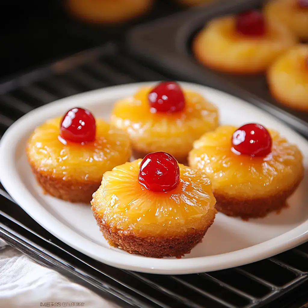 A plate of pineapple upside-down mini cakes topped with cherries.