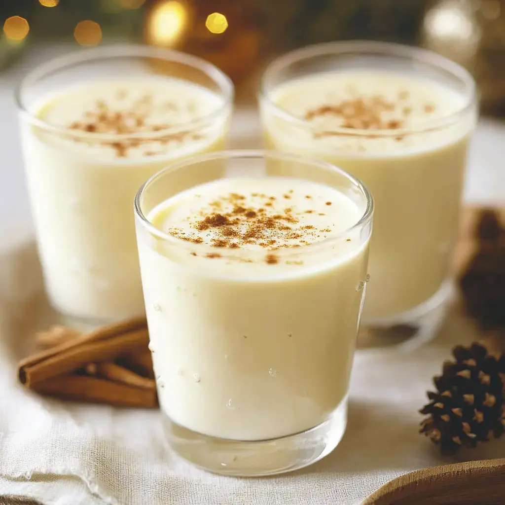 Three glasses of creamy eggnog topped with a sprinkle of cinnamon are placed on a light-colored tablecloth, with cinnamon sticks and a pine cone nearby.