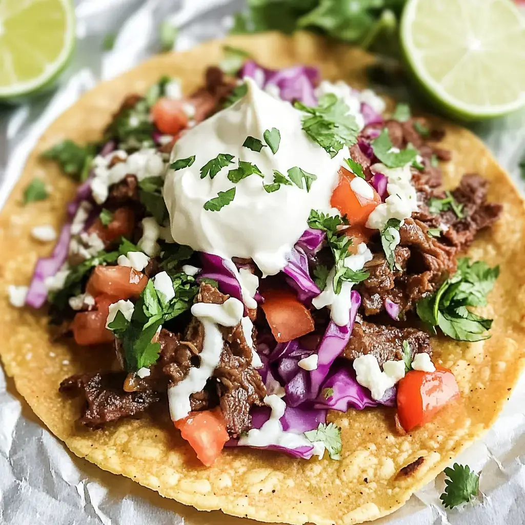 A colorful taco topped with shredded beef, red cabbage, diced tomatoes, cilantro, sour cream, and drizzled sauce, accompanied by lime wedges.