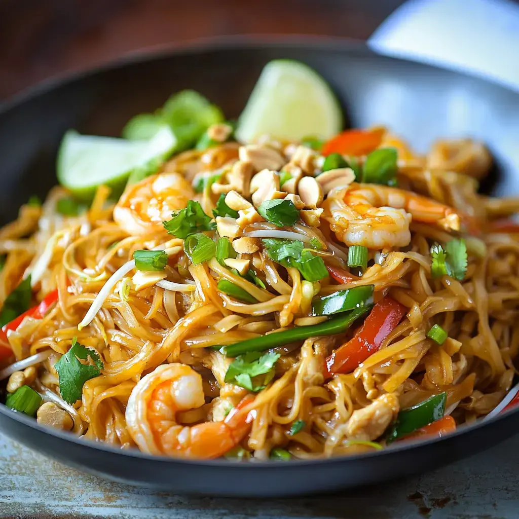 A close-up of a bowl of stir-fried noodles with shrimp, vegetables, peanuts, and lime wedges, garnished with fresh herbs.