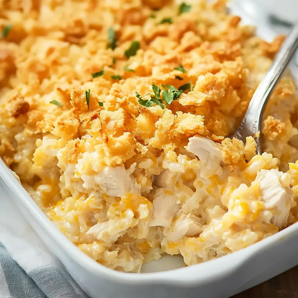 A close-up of a cheesy chicken casserole topped with golden brown breadcrumbs and garnished with parsley.