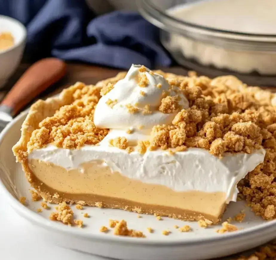 A slice of creamy pie topped with whipped cream and crumbled cookie bits, sitting on a white plate with more pie in the background.