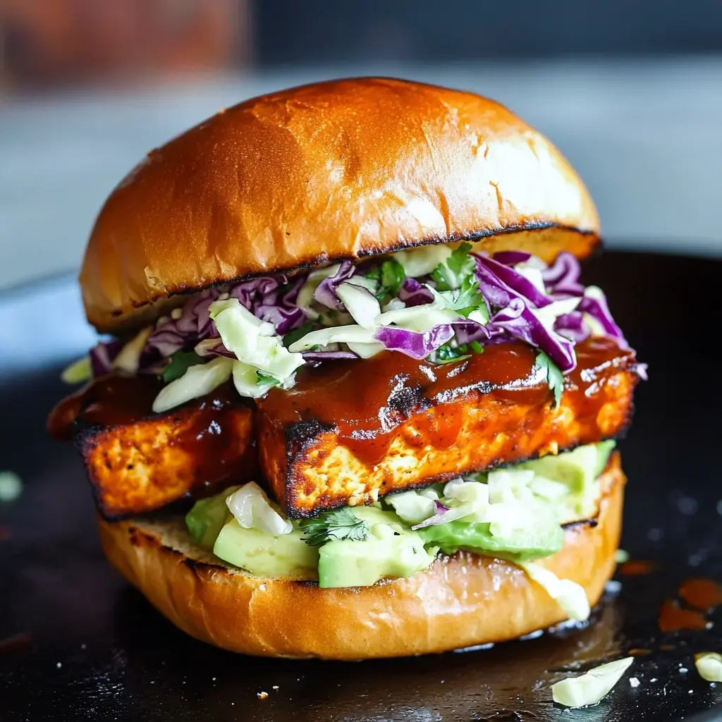 A grilled tofu sandwich topped with coleslaw, barbecue sauce, and slices of avocado, served on a glossy bun.