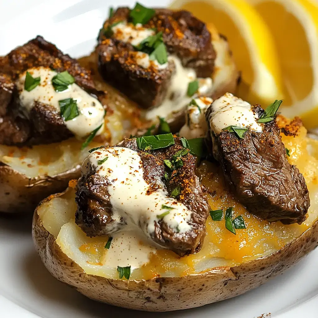 A close-up of baked potatoes topped with seasoned beef, drizzled with creamy sauce, and garnished with fresh herbs, accompanied by lemon wedges.