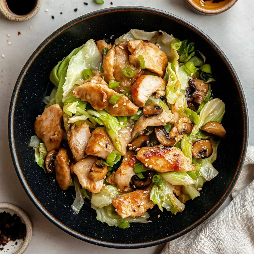 A bowl of sautéed chicken with green cabbage and mushrooms, garnished with green onions and sesame seeds.