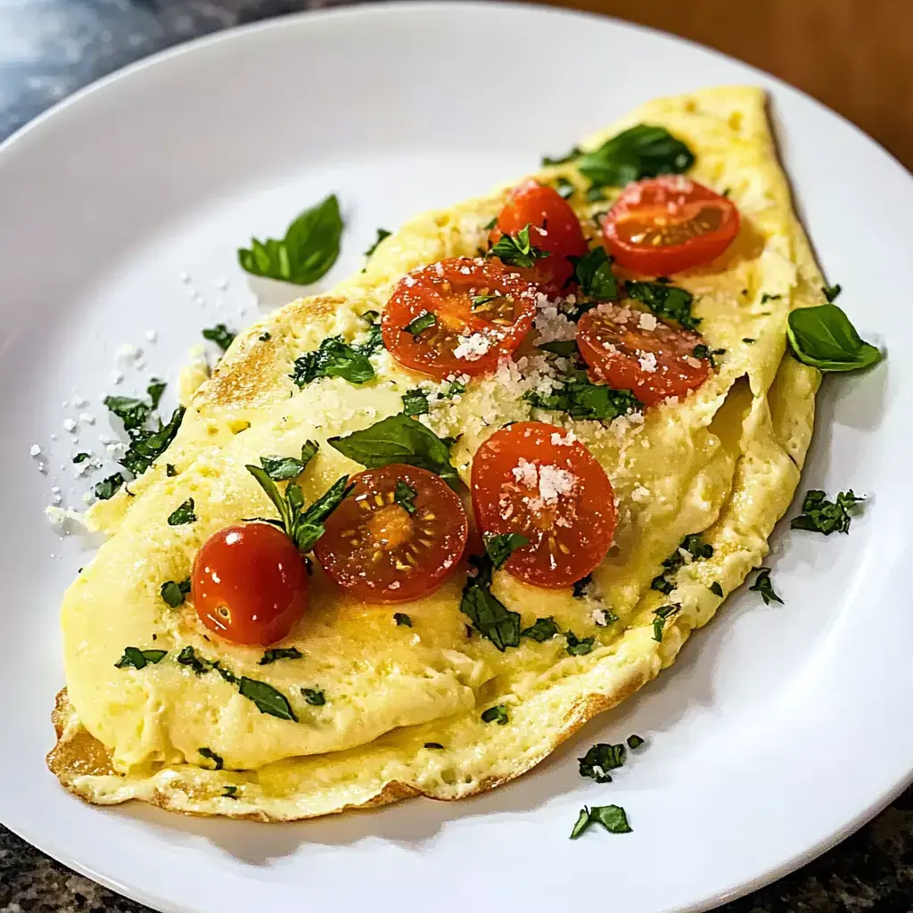 A fluffy omelet topped with halved cherry tomatoes, fresh basil, and grated cheese on a white plate.