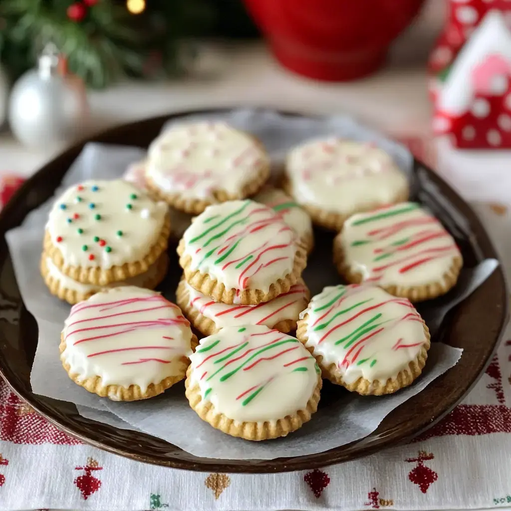 A plate of festive, iced cookies decorated with red and green stripes and sprinkles.