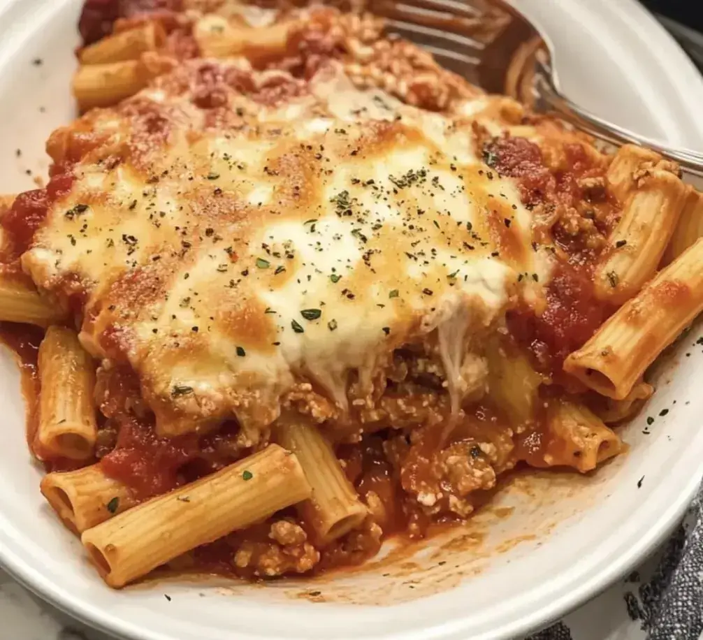 A plate of baked pasta with marinara sauce, topped with melted cheese and sprinkled with herbs.