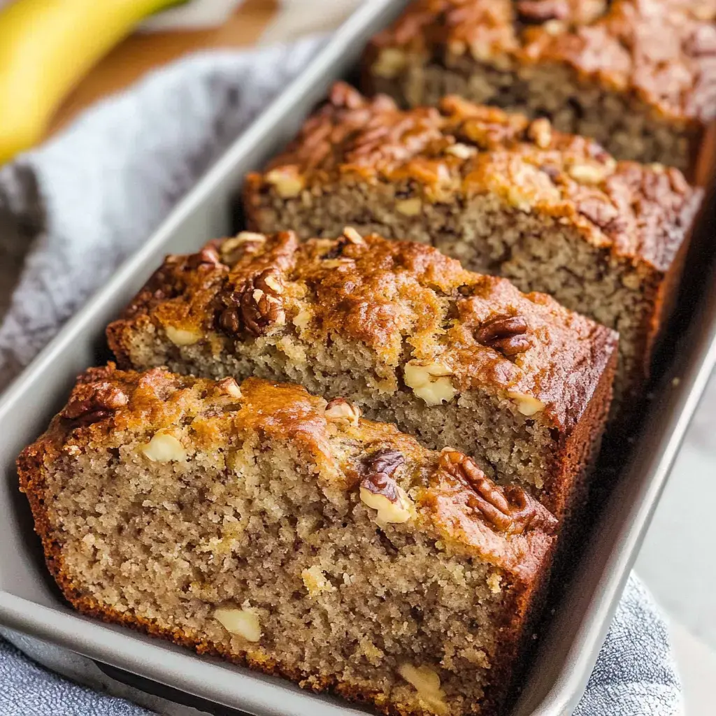 A freshly baked banana bread loaf with walnuts, sliced and displayed in a baking dish.