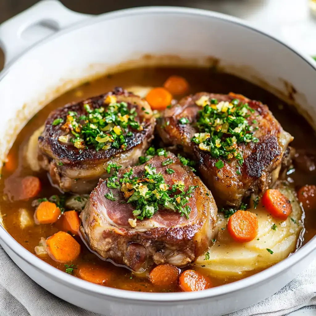 A white dish contains three seared meat pieces topped with parsley and garlic, surrounded by carrots and a savory broth.