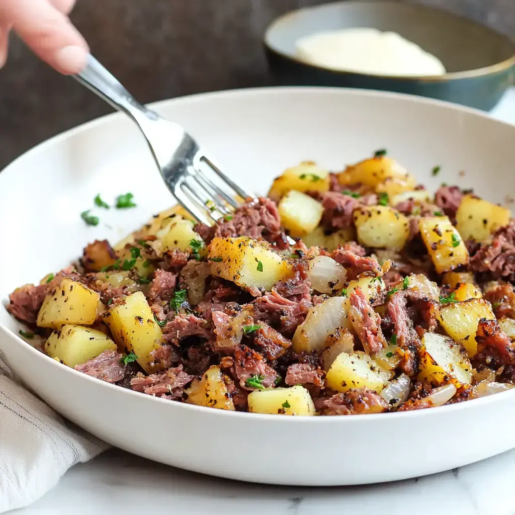 A close-up of a plate containing a hearty dish of diced potatoes, cooked meat, and onions, garnished with parsley, with a fork in the background.