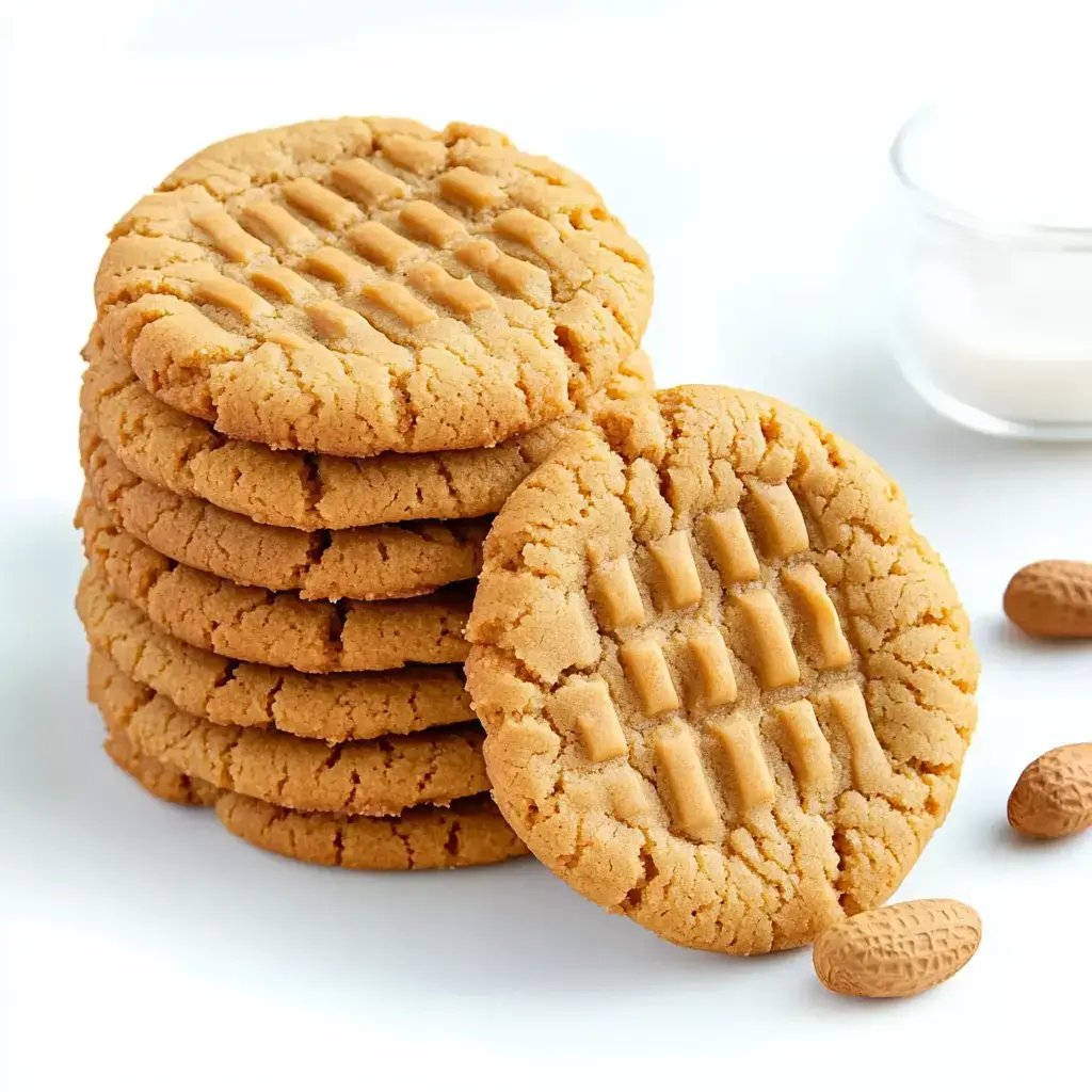 A stack of peanut butter cookies is displayed alongside a few whole peanuts and a small glass of milk.