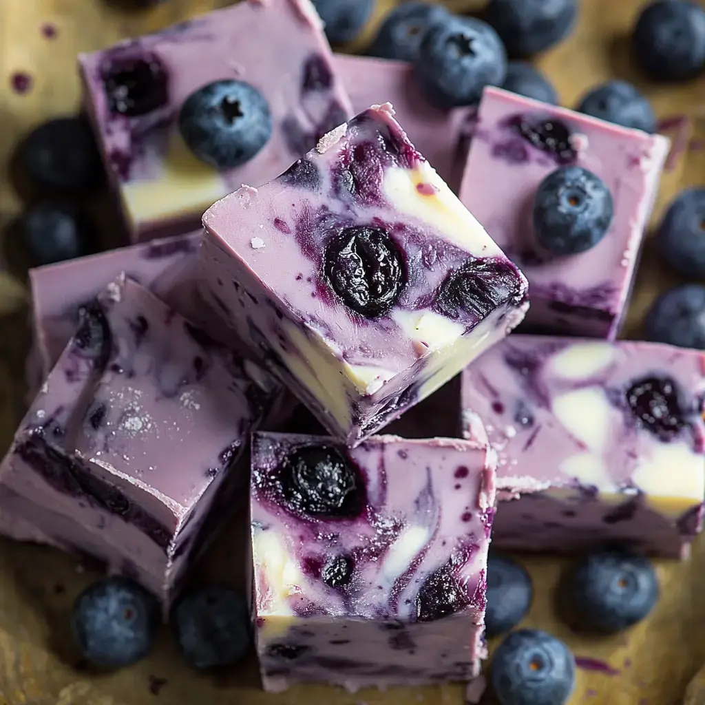 A close-up of purple swirled fudge blocks with blueberries scattered on a wooden surface.