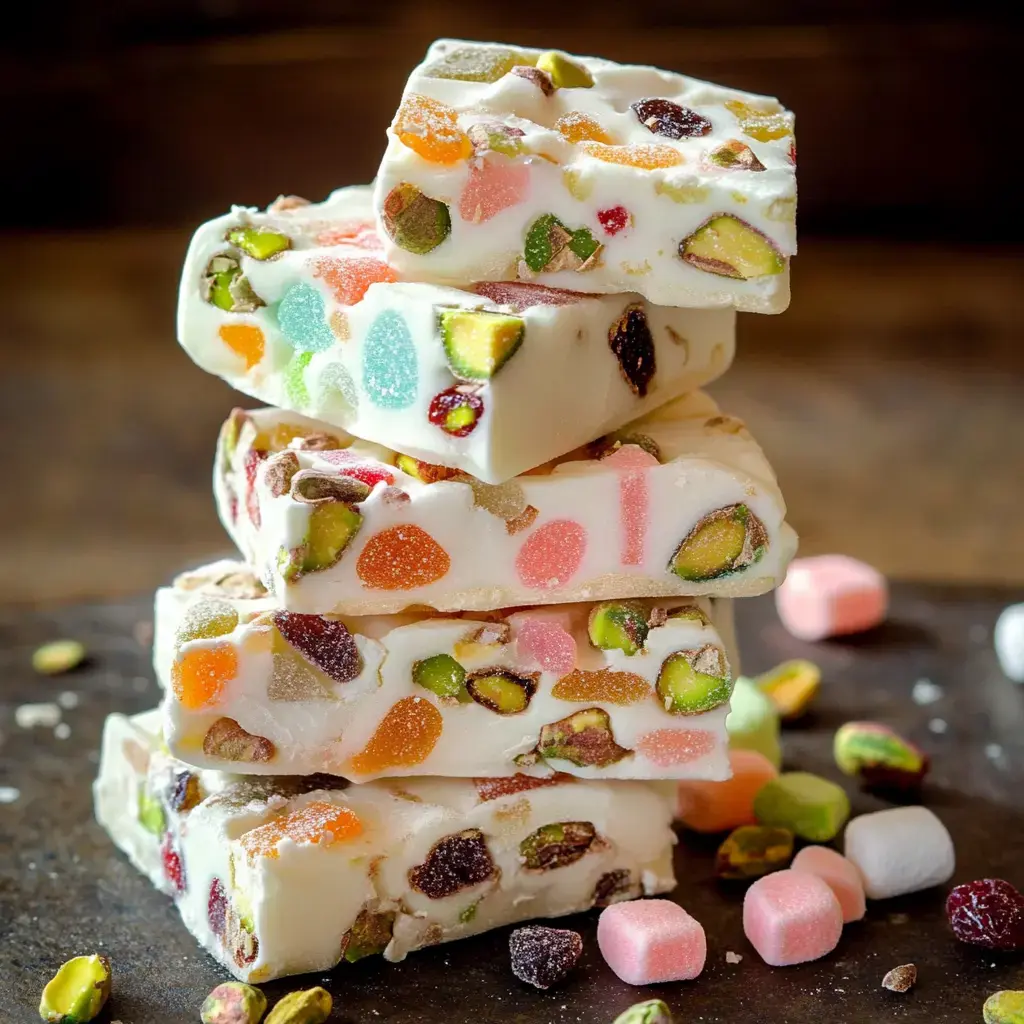 A stack of colorful nougat pieces, featuring pistachios and fruit jellies, placed on a dark surface with small candy pieces scattered around.