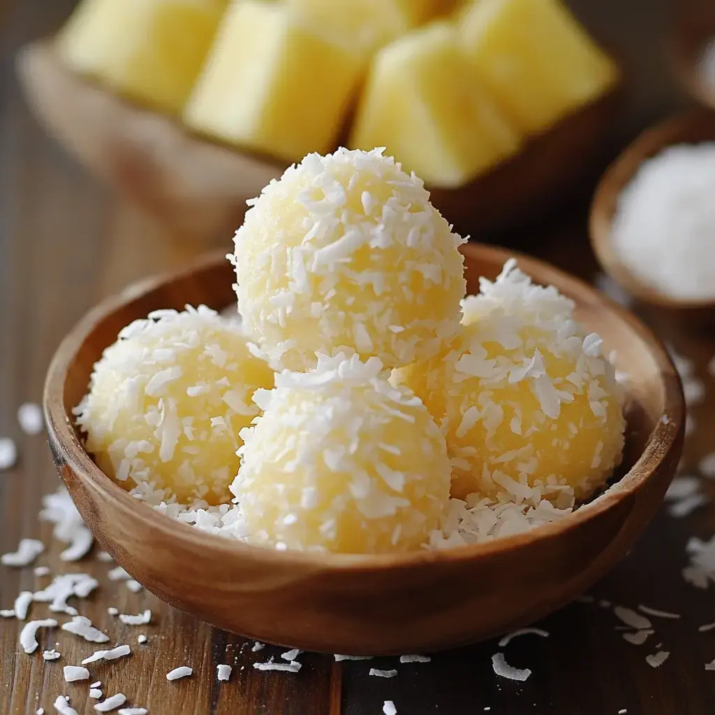 A wooden bowl contains four spherical coconut-covered sweets, with pieces of fresh pineapple partially visible in the background.