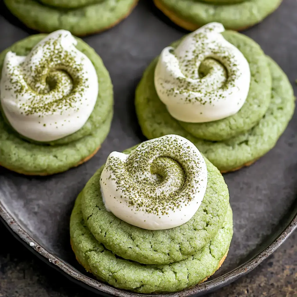 A close-up of green matcha cookies topped with swirled white cream and a dusting of matcha powder on a dark plate.