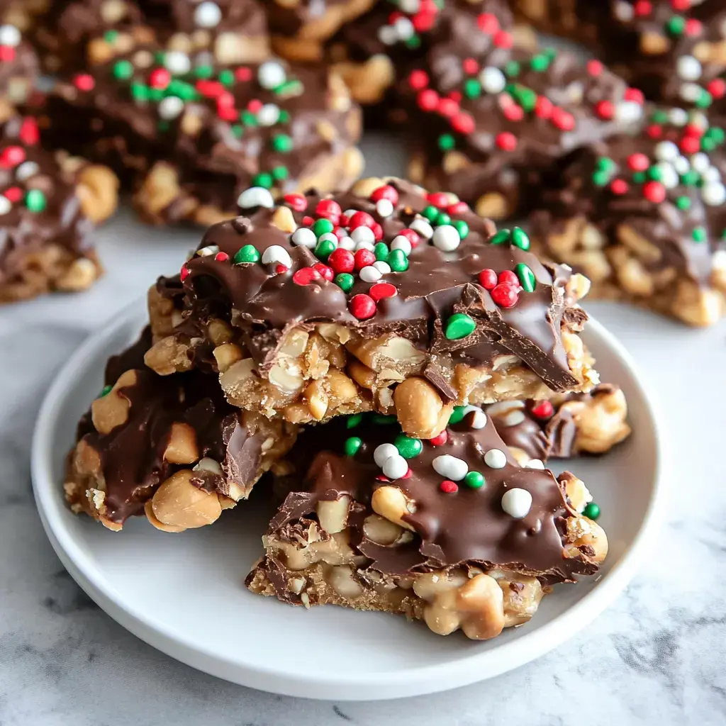 A close-up view of a plate stacked with chocolate-covered nut brittle topped with festive red, green, and white sprinkles.