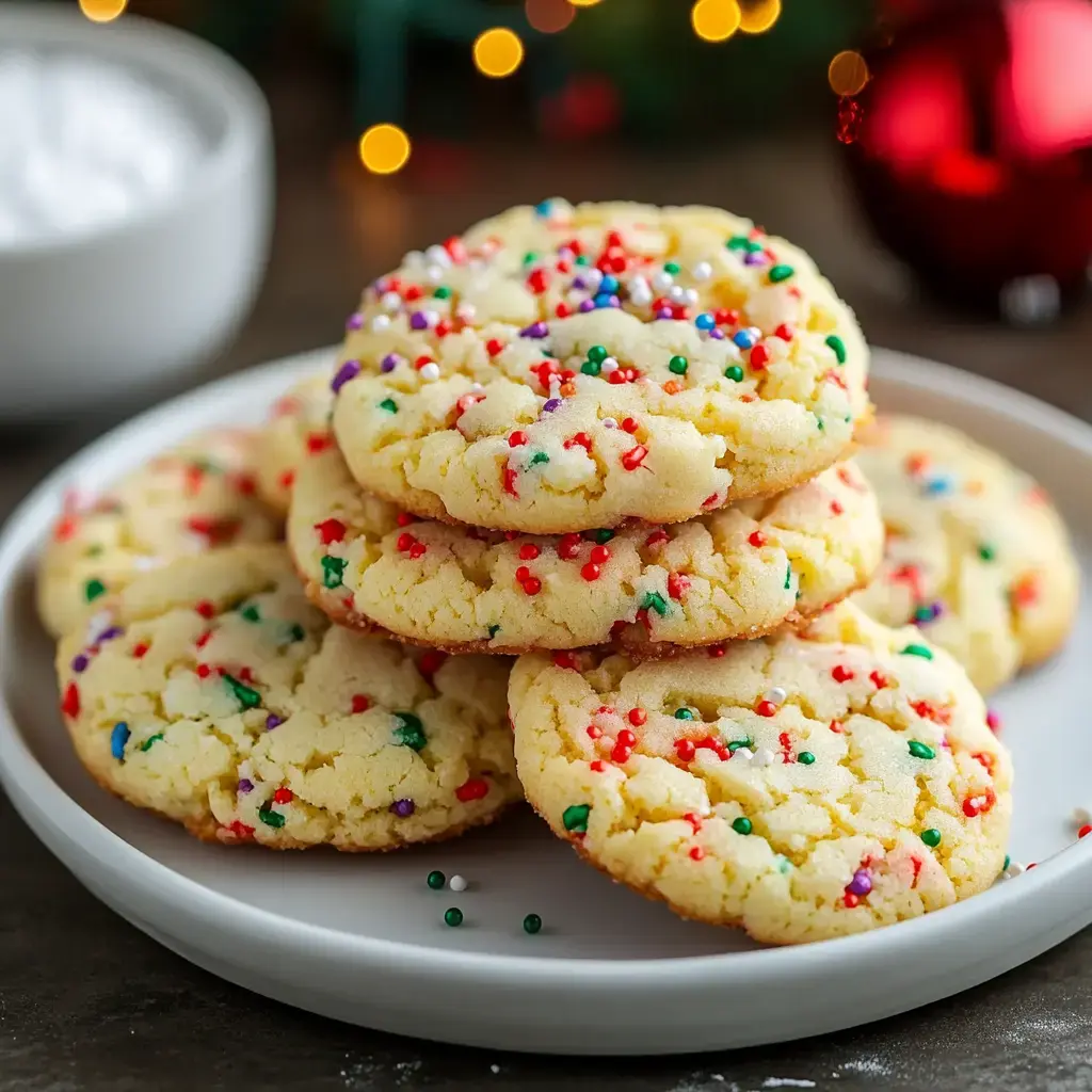 A stack of colorful, sprinkled cookies is displayed on a white plate, with a small bowl of powdered sugar and festive lights in the background.