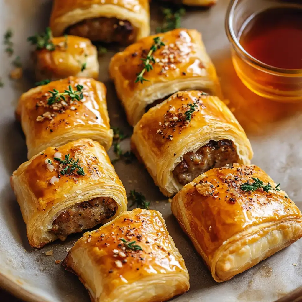 A platter of golden-brown puff pastry filled with sausage, garnished with thyme, and served with a small bowl of sauce.