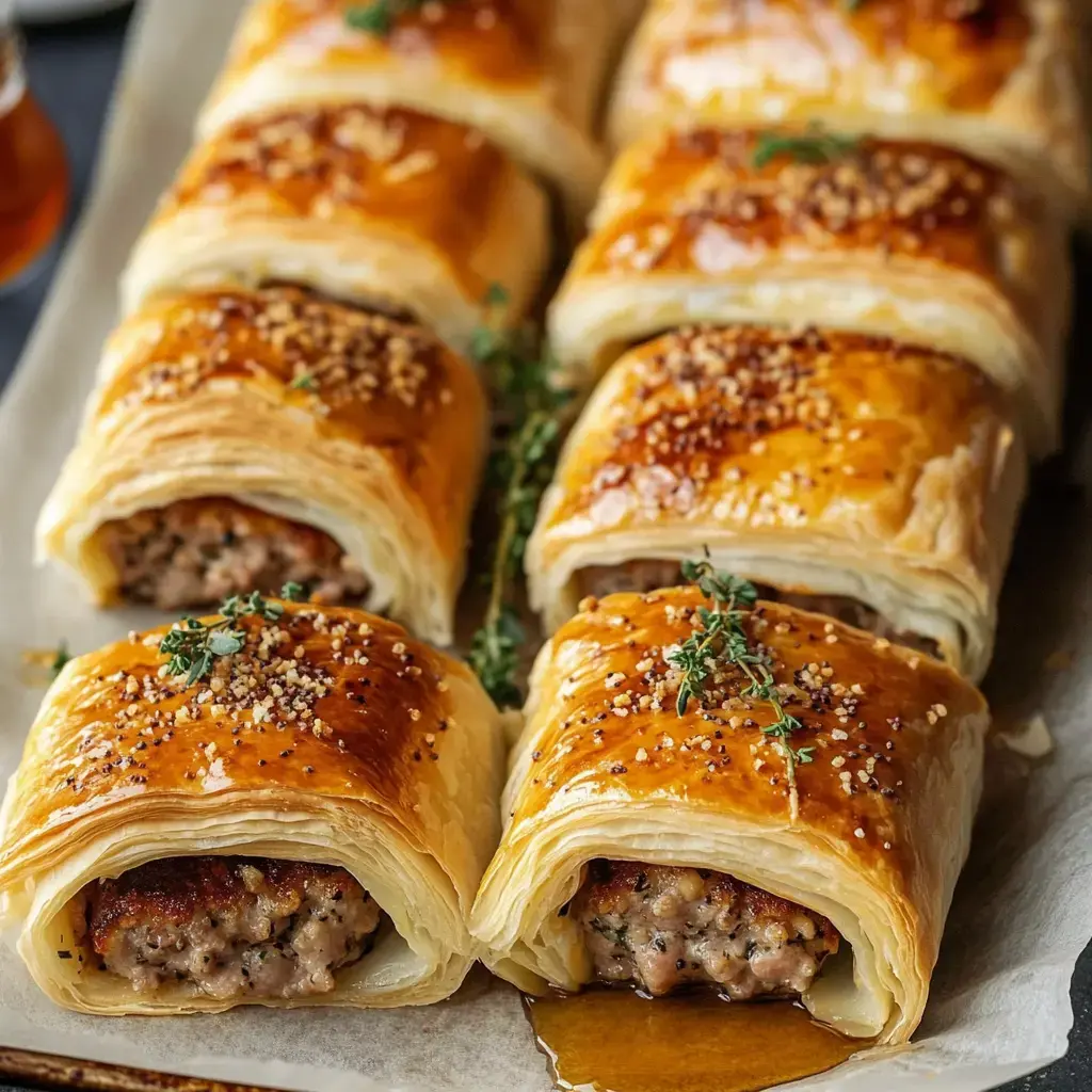 A tray of golden-brown, flaky pastry rolls filled with seasoned meat, garnished with herbs and sprinkled with seeds.