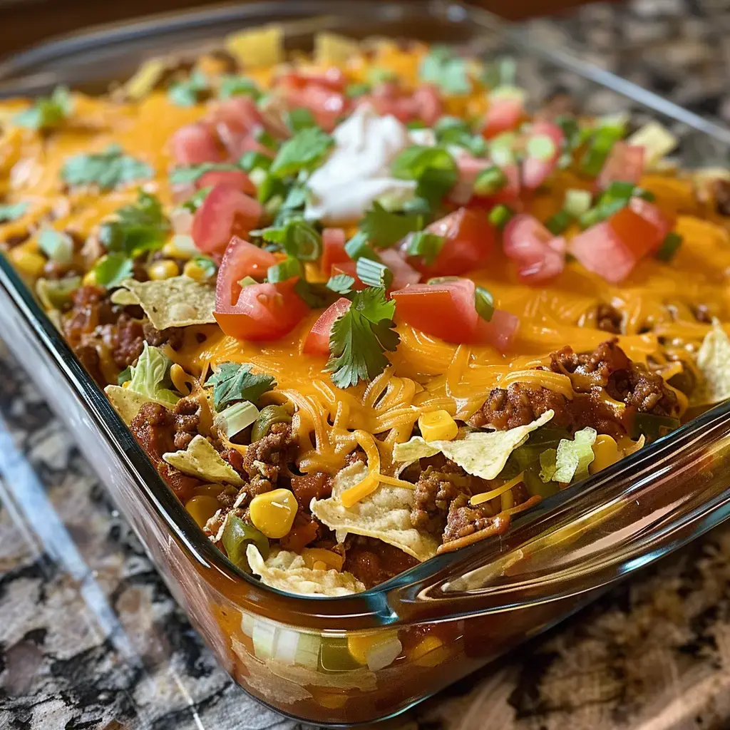 A close-up of a glass casserole dish filled with layered taco ingredients, including ground beef, cheese, tomatoes, lettuce, and corn, topped with sour cream and green onions.