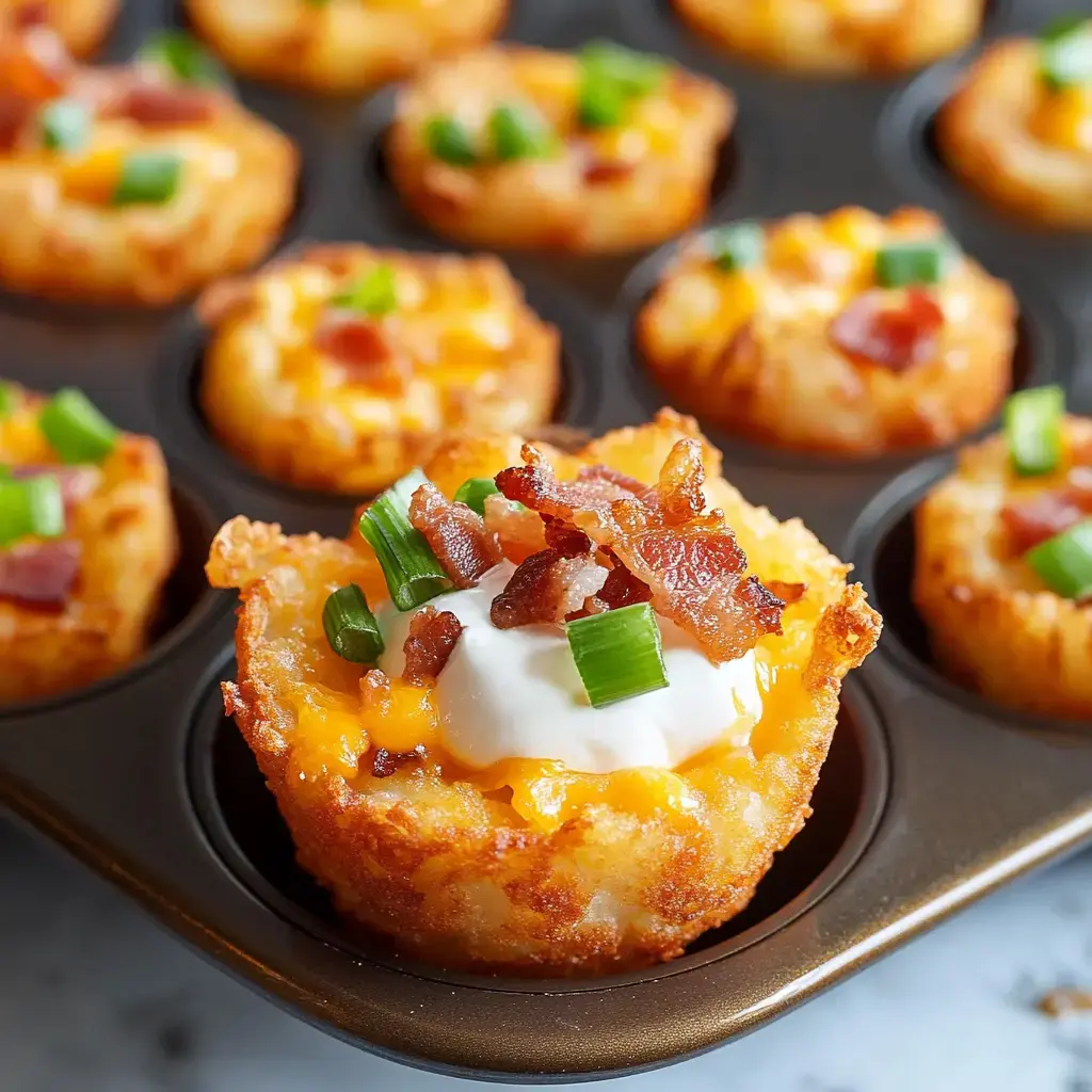 A close-up of crispy potato cups filled with melted cheese, topped with bacon bits, sour cream, and green onions.