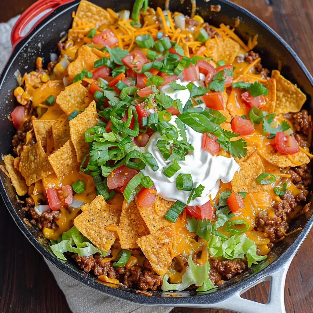 A skillet filled with layers of nachos topped with seasoned ground beef, shredded cheese, diced tomatoes, green onions, sour cream, and fresh cilantro.