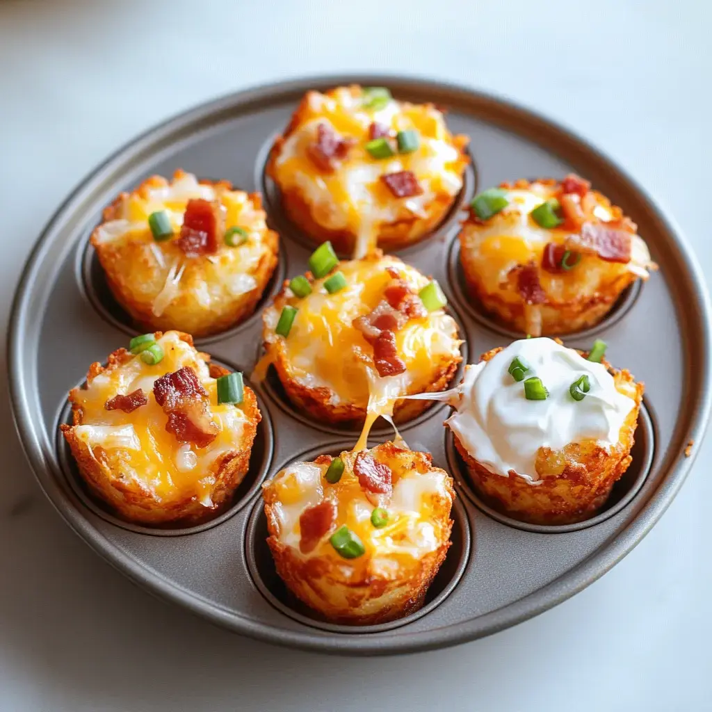 A muffin tin filled with golden, baked potato cups topped with melted cheese, bacon, and green onions.