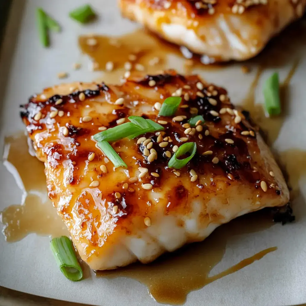 A close-up of glazed fish fillets garnished with sesame seeds and chopped green onions, sitting in a light sauce.