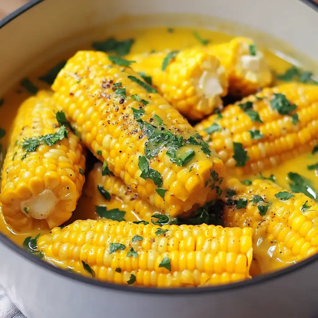 A bowl of cooked corn on the cob coated in a creamy sauce and garnished with fresh herbs.